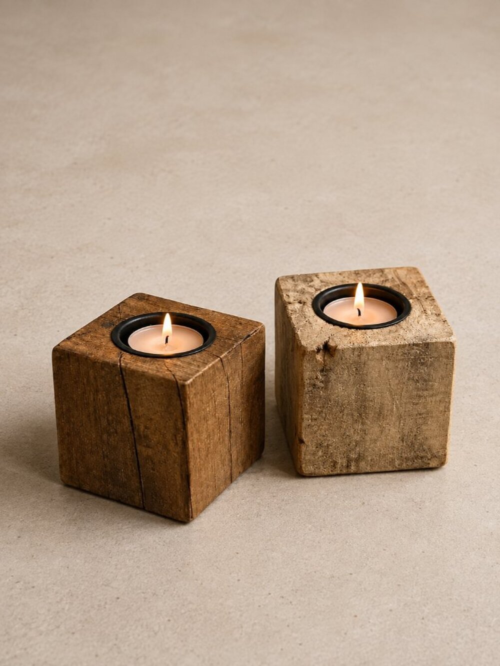 Rustic Handmade Solid Wood Tealight Candle Holders Set of 2 Primitive Farmhouse